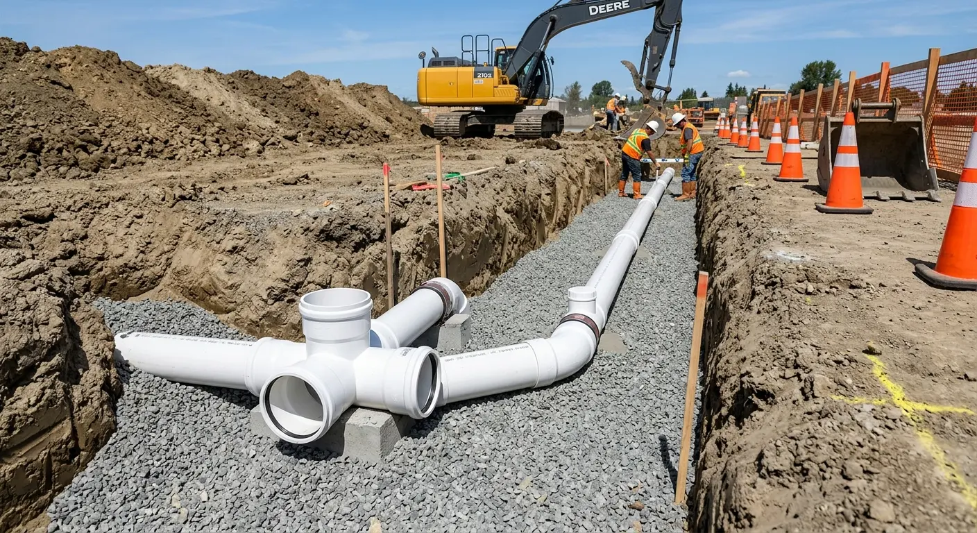 New PVC sewer pipe installation in open trench for Sewer Backup in Grayling